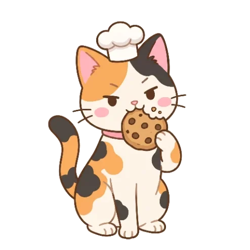 Misha the calico cat in a chef hat, eating a cookie