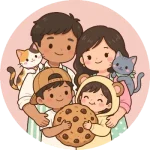 Monkey Business Bakehouse logo: the family of six with their cats