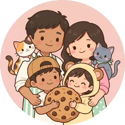 Monkey Business Bakehouse logo: the family of six with their cats